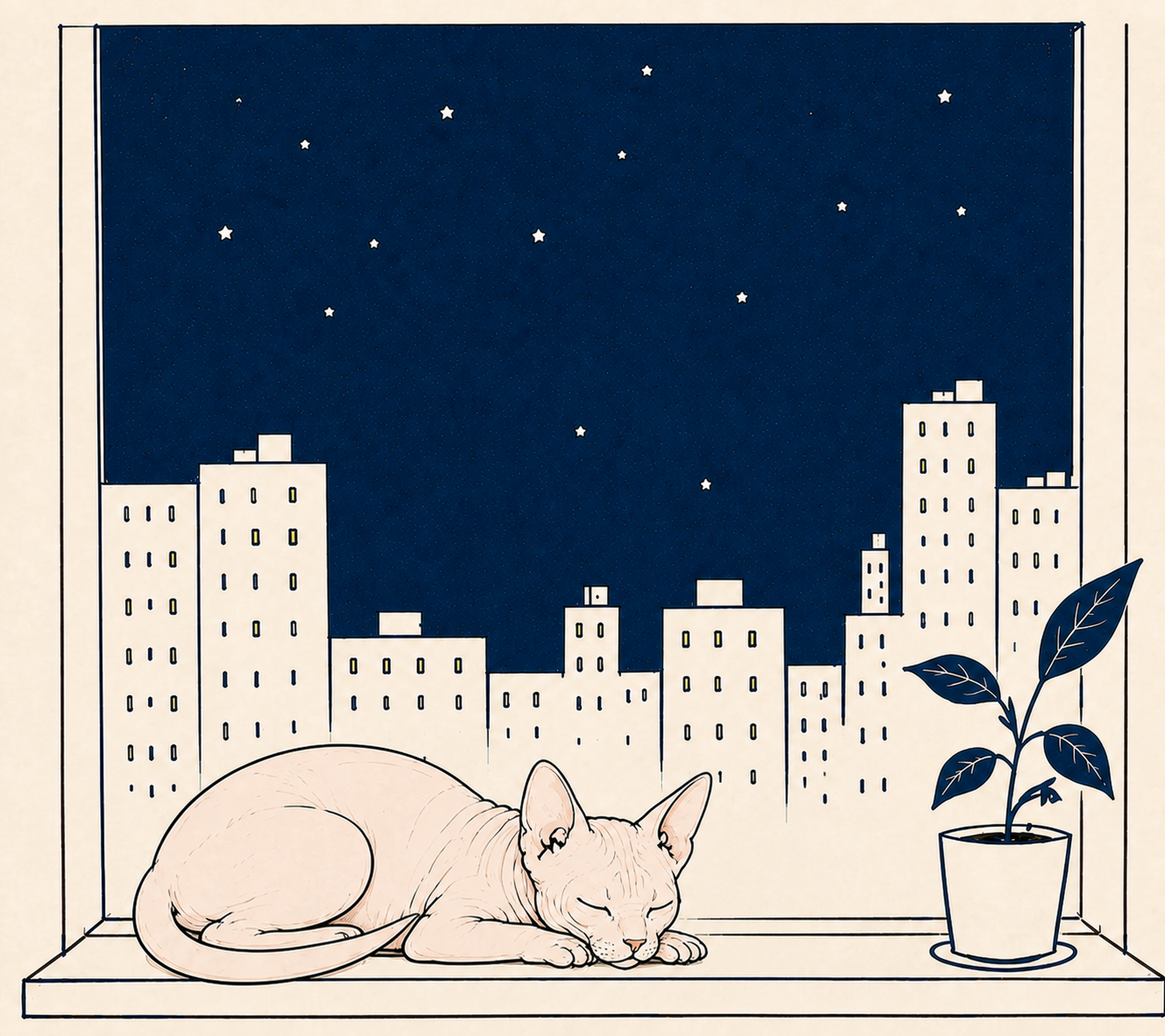 A pale sphynx cat sleeping on a windowsill in front of a dark blue night city